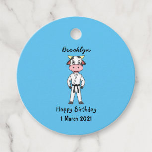 Cute cow in kung fu suit cartoon favour tags