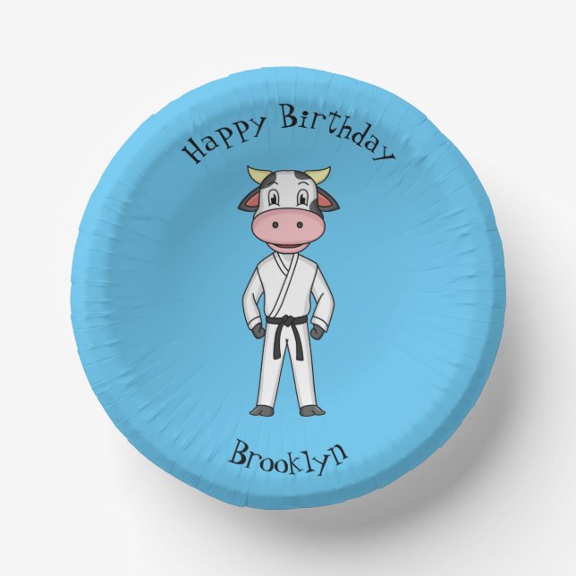 Cute cow in kung fu suit cartoon  paper plate (Front)