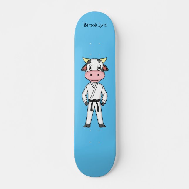 Cute cow in kung fu suit cartoon  skateboard (Front)