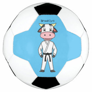 Cute cow in kung fu suit cartoon soccer ball