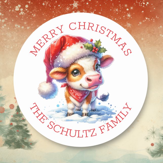 Cute Cow in Santa Hat Personalised Christmas Classic Round Sticker (Creator Uploaded)