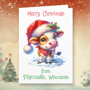 Cute Cow in Santa Hat Personalised Christmas Holiday Card