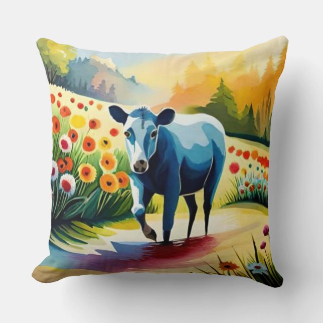 Cute cow in the floral field cushion (Front)