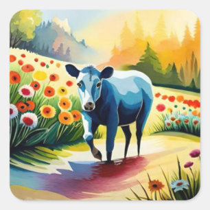 Cute cow in the floral field square sticker