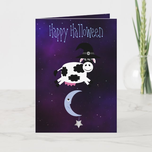 Cute Cow Jumped Over the Moon Halloween Card (Front)
