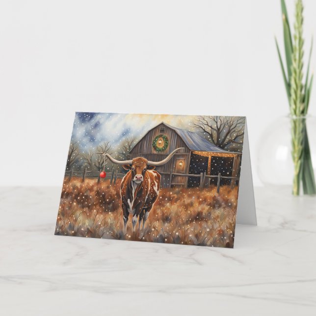 Cute Cow Longhorn Christmas Holiday  Card (Front)