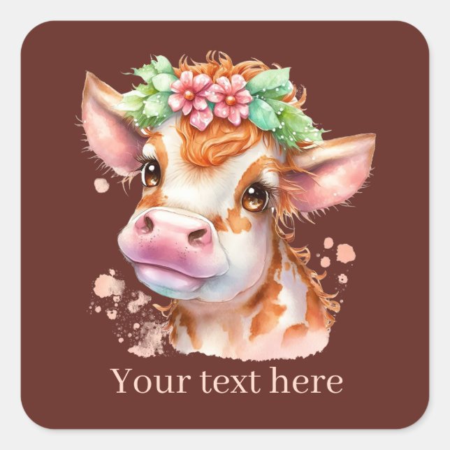 Cute cow lovers customisable square sticker (Front)