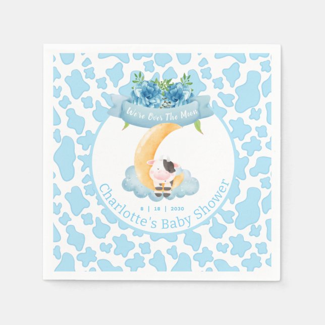 Cute Cow Over The Moon Blue Baby Shower   Napkin (Front)