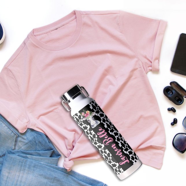 Cute Cow Pattern Pink Tropical Hibiscus Name Water Bottle (Creator Uploaded)
