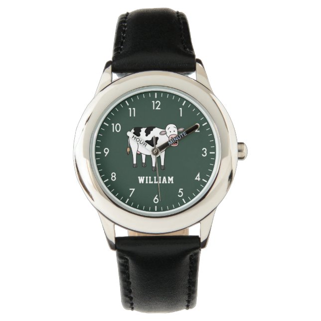 Cute Cow Personalised Custom Name Back To School Watch (Front)