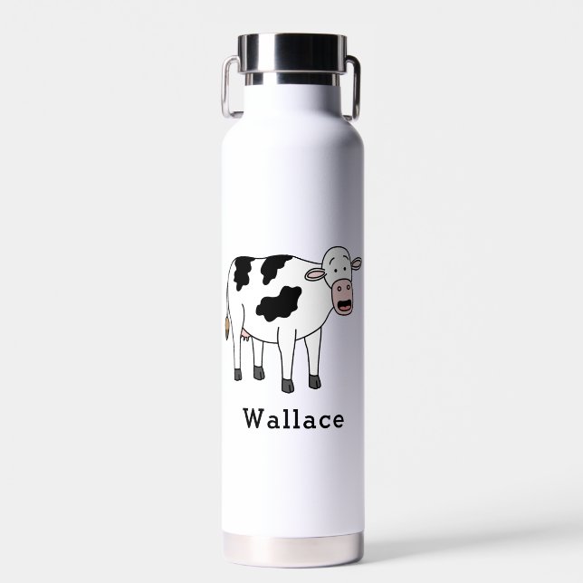 Cute Cow Personalised Custom Name Back To School Water Bottle (Front)