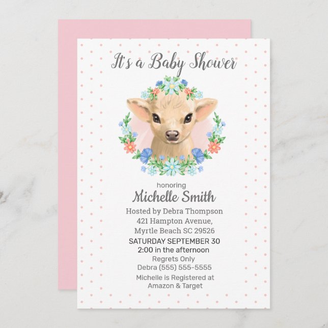 Cute Cow Pink Girls Floral Baby Shower  Invitation (Front/Back)