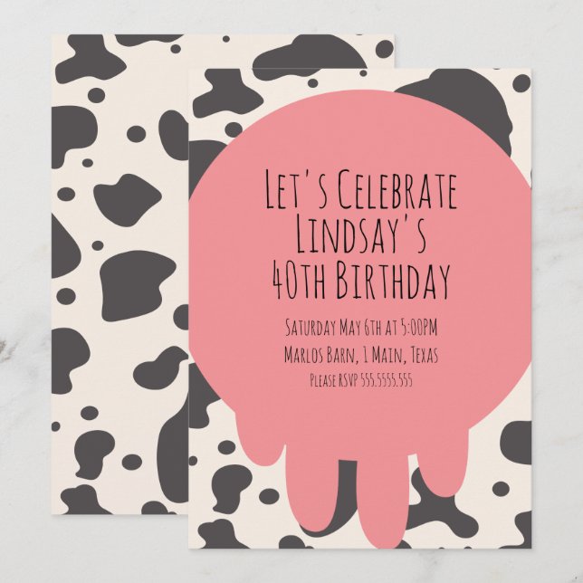 Cute Cow Print Adult Party 40th Birthday Holiday Card (Front/Back)