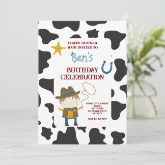 Cute Cow print Cowboy Birthday Invitation