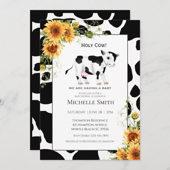 Cute Cow Print Sunflower Baby Shower Invitations (Front/Back)