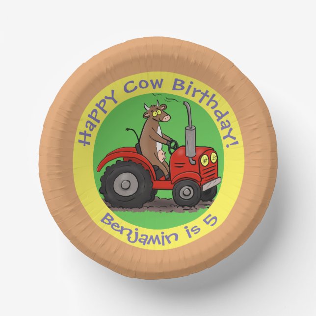 Cute cow riding tractor birthday greeting cartoon paper plate (Front)