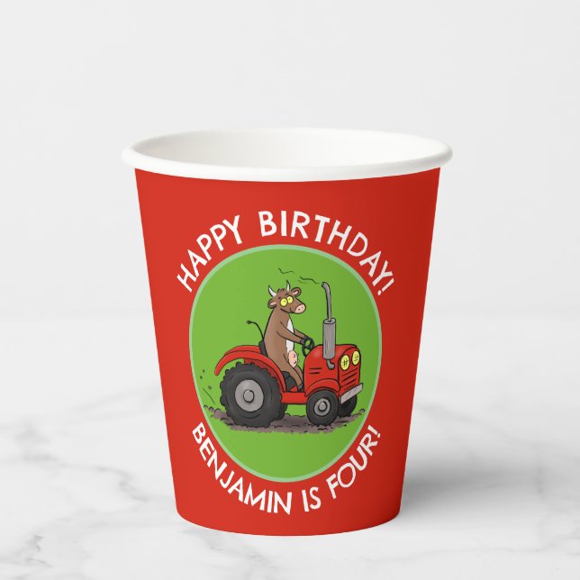 Cute cow riding tractor personalised birthday paper cups (Front)