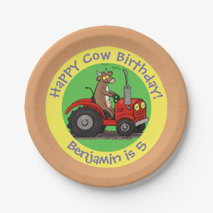 Cute cow riding tractor personalised birthday paper plate