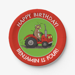 Cute cow riding tractor personalised birthday paper plate