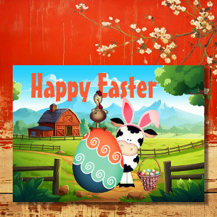 Cute Cow, Rooster and Colourful Eggs Farm Easter Holiday Card