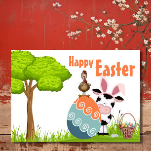 Cute Cow, Rooster and Colourful Eggs Farm Easter Holiday Card