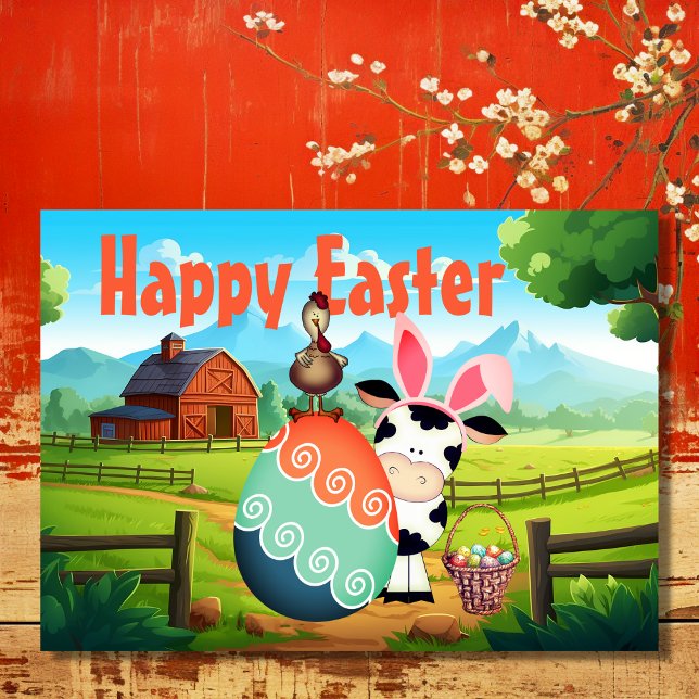 Cute Cow, Rooster and Colourful Eggs Farm Easter Holiday Card (Front - Cute Cow, Rooster and Colorful Eggs Farm Easter Holiday Card)