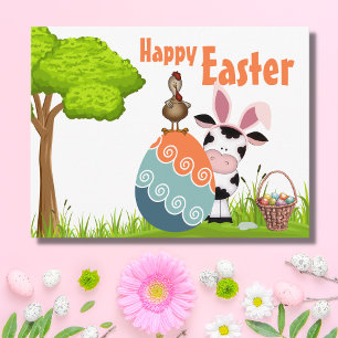 Cute Cow, Rooster and Colourful Eggs Farm Easter Holiday Postcard