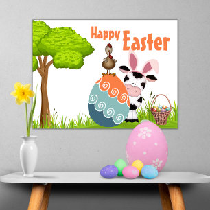Cute Cow, Rooster and Colourful Eggs Farm Easter Poster