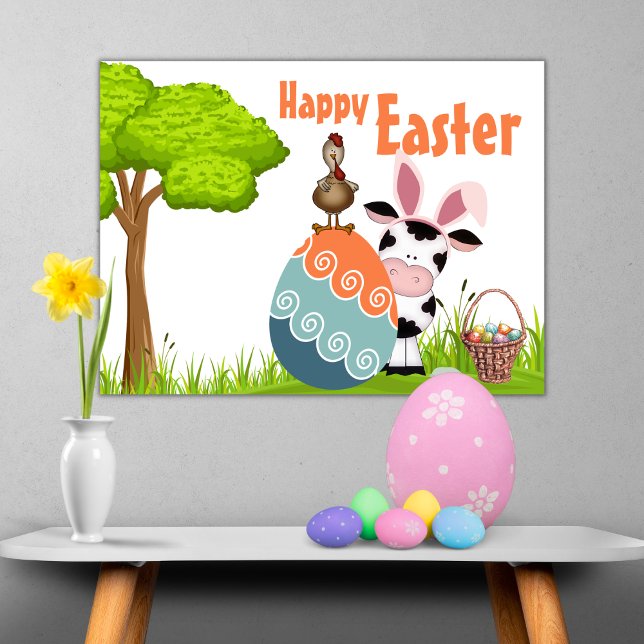 Cute Cow, Rooster and Colourful Eggs Farm Easter Poster (Creator Uploaded)