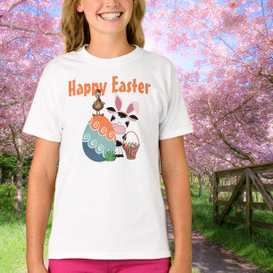 Cute Cow, Rooster, Colourful Eggs Farm Happy Easte T-Shirt