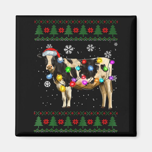 Cute Cow Santa Christmas Lights Ugly Xmas Sweater  Magnet (Front)