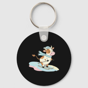 Cute Cow Skiing Scarf Winter Alpine Snow Scene Key Ring