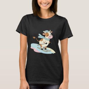 Cute Cow Skiing Scarf Winter Alpine Snow Scene T-Shirt