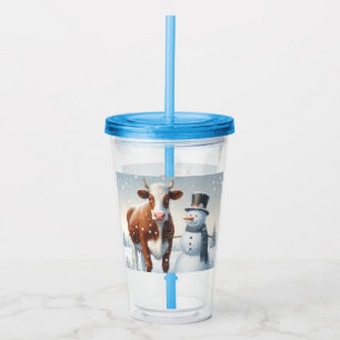 Cute cow & snowman in the winter field acrylic tumbler