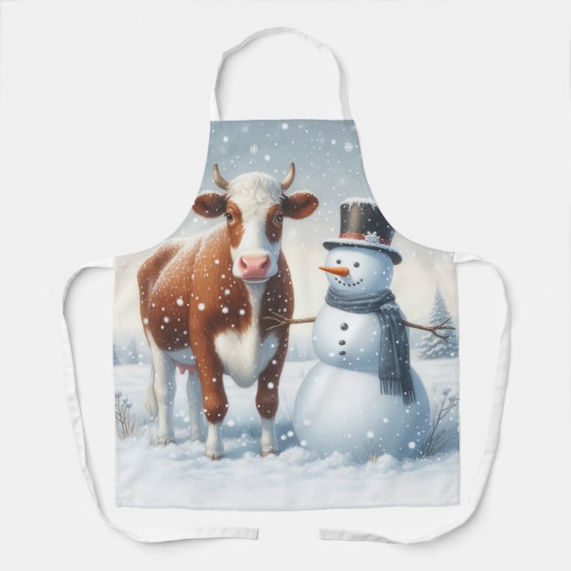Cute cow & snowman in the winter field apron (Front)