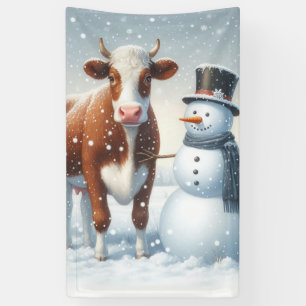 Cute cow & snowman in the winter field banner