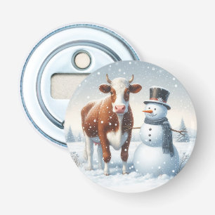 Cute cow & snowman in the winter field bottle opener