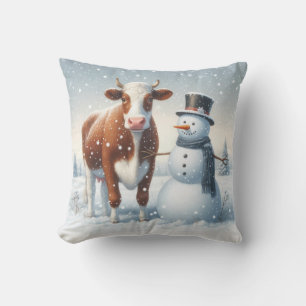Cute cow & snowman in the winter field cushion