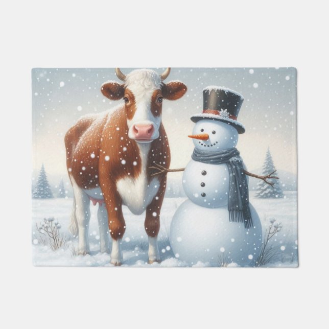 Cute cow & snowman in the winter field doormat (Front)
