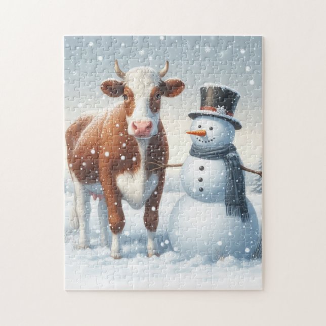 Cute cow & snowman in the winter field jigsaw puzzle (Vertical)