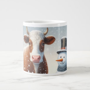 Cute cow & snowman in the winter field large coffee mug