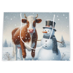 Cute cow & snowman in the winter field large gift bag