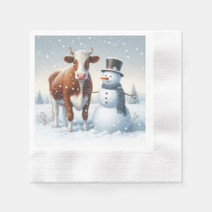 Cute cow & snowman in the winter field napkin