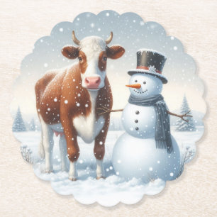 Cute cow & snowman in the winter field paper coaster