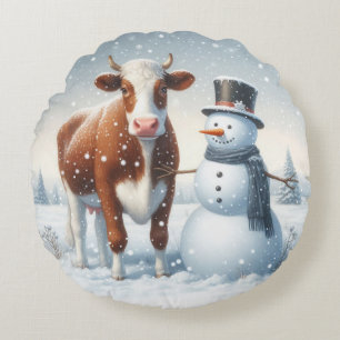 Cute cow & snowman in the winter field round cushion