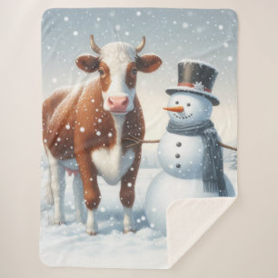 Cute cow & snowman in the winter field sherpa blanket
