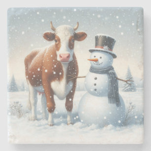 Cute cow & snowman in the winter field stone coaster