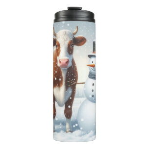 Cute cow & snowman in the winter field thermal tumbler