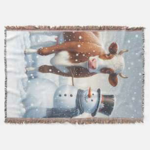 Cute cow & snowman in the winter field throw blanket
