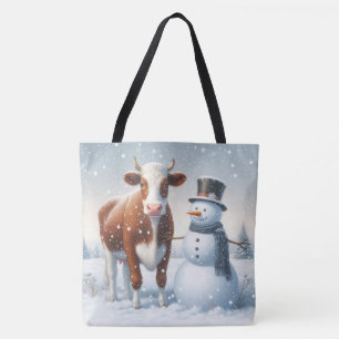 Cute cow & snowman in the winter field tote bag
